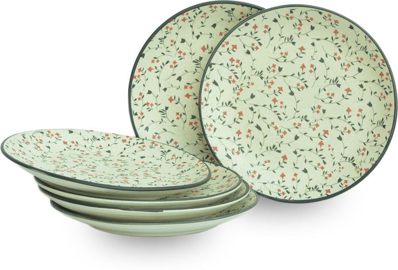 ST "REDEFINING SPACES" Red Flower Print White Handmade Ceramic Dinner Plates Set (10 Inch Set of-6) Dinner Plate  (Pack of 6, Microwave Safe)