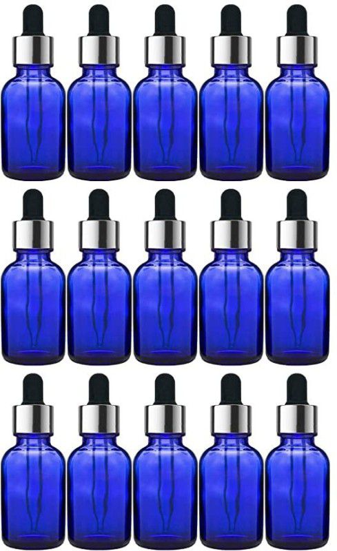 PHARCOS 15ML Blue glass bottle with Euro Dropper silver ring + White teat Pack of 15 15 ml Bottle  (Pack of 15, Blue, Glass)