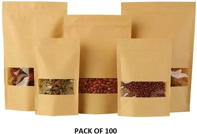 Chandrodaya Packagings Kraft Paper Food Graded Standup Pouch Paper Storage Pouch  (Pack of 100)