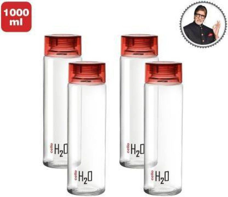 YASHODEEP PLASTIC Cello H2O Sodalime Glass Fridge Water Bottle with Plastic Cap ( Set Of 4 - Red ) 1000 ml Bottle  (Pack of 4, Red, Plastic)