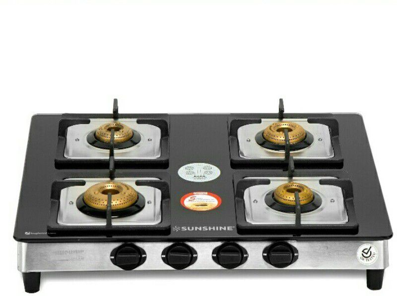 SUNSHINE PRIME FOUR BURNER TOUGHENED GLASS Glass, Stainless Steel Manual Gas Stove  (4 Burners)