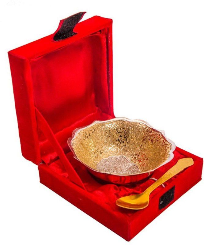 SRIJANKALA SRIJANKALA Decorative Silver Gold Plated Brass Bowl Set of 2 Pcs with Velvet Box Bowl, Spoon Serving Set  (Pack of 2)