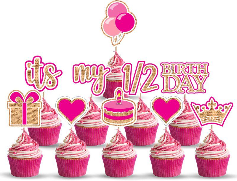 ZYOZI 10 Pieces 6 Months Cupcake Topper For Baby Girl,1/2 Half Year Birthday Food Pick Cupcake Topper  (PInk Pack of 10)