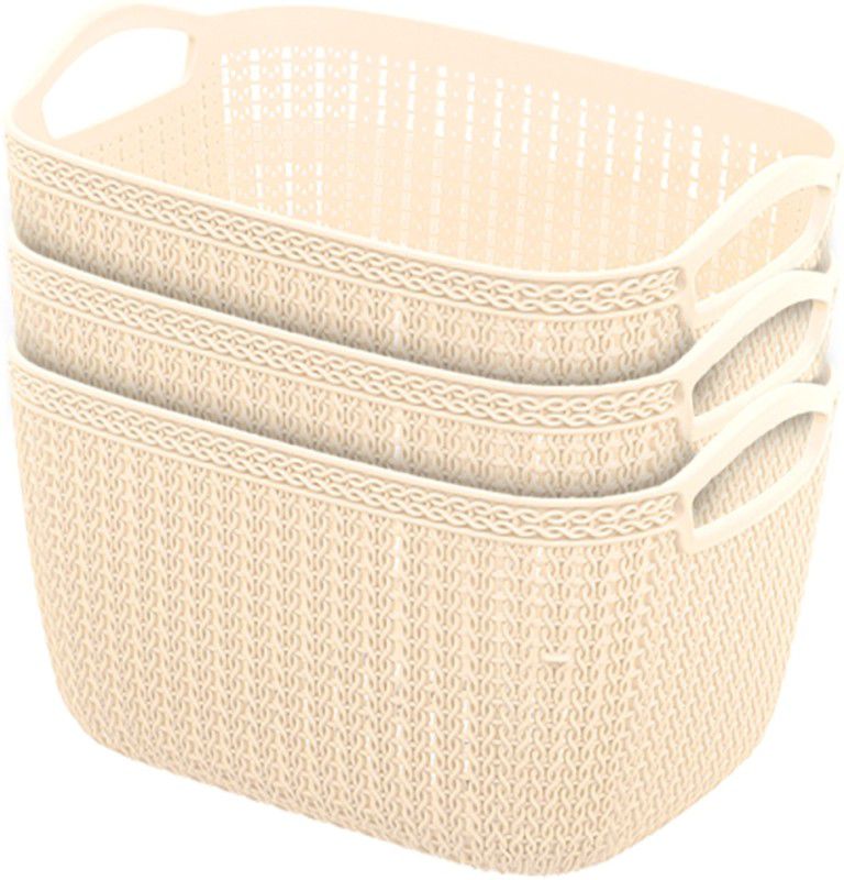 KUBER INDUSTRIES Q-6 Multiuses Designer Unbreakable Plastic Storage Basket Pack of 3 (Cream) Storage Basket  (Pack of 3)