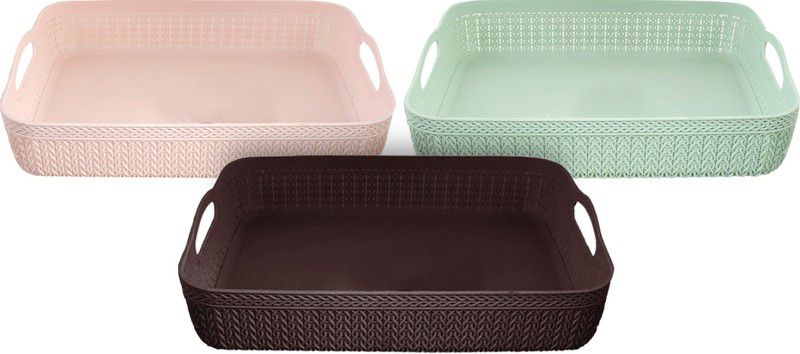 KUBER INDUSTRIES Q-3 Multiuses Design UnbreakablePlastic Storage Basket Packof 3(Brown&Green&Pink Storage Basket  (Pack of 3)