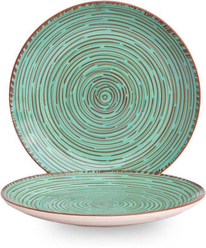 ST "REDEFINING SPACES" Passo Green Handmade Ceramic Dinner Plates & Rice Plates Set (10 Inch Set of-2) Dinner Plate  (Pack of 2, Microwave Safe)
