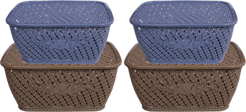 KUBER INDUSTRIES Plastic 4 Pieces Small & Medium Size Multipurpose Solitaire Storage Basket for Kitchen, Office, Bedroom, Bath Room with Lid (Coffee & Grey) Storage Basket  (Pack of 4)