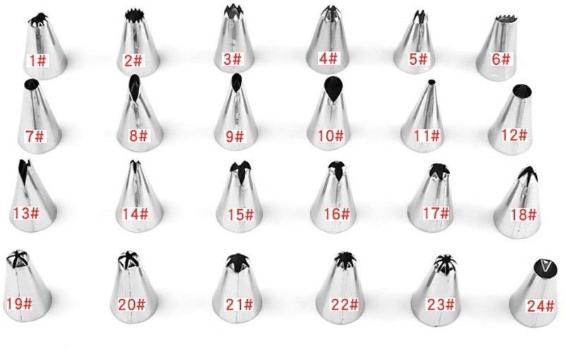 Connectwide CW-1212 24 Pcs Piping Tips Set Stainless Steel Nozzles with 1-24 Different Designs Home Baking Cupcakes for Kids and Beginners Stainless Steel Quick Flower Icing Nozzle  (Silver Pack of 24)
