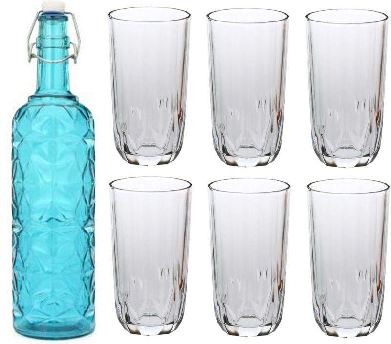 AFAST Bottle & 6 Glass Serving Lemon Set, Blue, Clear, Glass - A186 Jug Glass Set  (Glass)