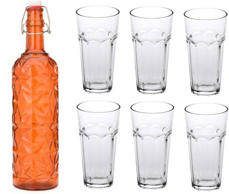AFAST Bottle & 6 Glass Serving Lemon Set, Orange, Clear, Glass - A596 Jug Glass Set  (Glass)