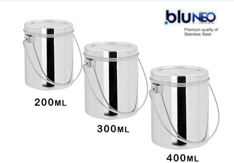BluNeo Stainless Steel Milk/Oil/ Ghee Storage Containe/kettly/Liquid storage Container - 200 ml, 300 ml, 400 ml Steel Milk Container  (Pack of 3, Silver)