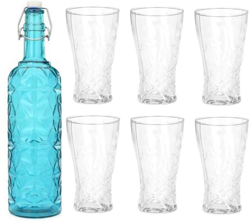 AFAST Bottle & 6 Glass Serving Lemon Set, Blue, Clear, Glass - A164 Jug Glass Set  (Glass)