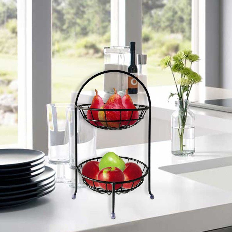 SMART SLIDE 2 Tier Fruit and Vegetable Basket / Fruit Stand for Dining Table / Fruit Bowl Steel Fruit & Vegetable Basket  (Black)