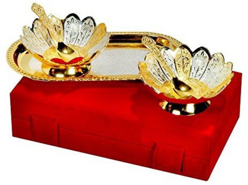 Empire Gift Silver Plated Gold Polished Bowl Set,2 Bowl With 2 Spoons & 1 Tray, Service For 2, Diwali Gift Item Silver Plated Serving Bowl (Gold, Silver, Pack of 5) Bowl Serving Set  (Pack of 5)