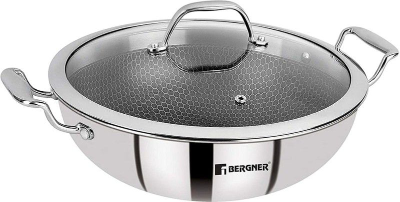 BERGNER Hi-Tech Prism Wok with Lid 4 L capacity 28 cm diameter  (Stainless Steel, Glass, Non-stick, Induction Bottom)