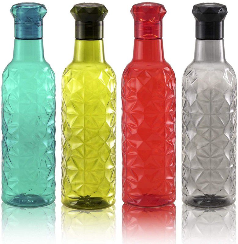 T TOPLINE Plastic crystal shap diamond cap fridge water bottle set for school office pack-4 1000 ml Bottle  (Pack of 4, Multicolor, Plastic)