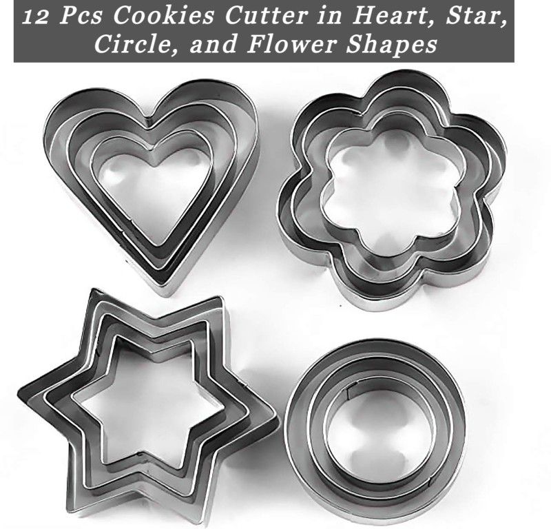 Style Freak 12Pcs Set of Stainless Steel Cookie Cutters Heart Flower Round Star Shapes Biscuit Mold Cookie Cutter Cookie Cutter  (Pack of 12)