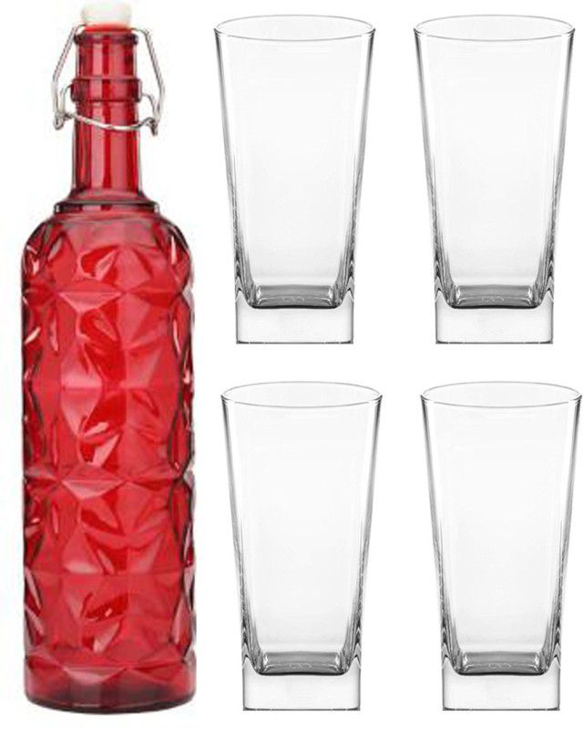 AFAST Bottle & 4 Glass Serving Lemon Set, Red, Clear, Glass 1000 ml Bottle With Drinking Glass  (Pack of 5, Red, Clear, Glass)