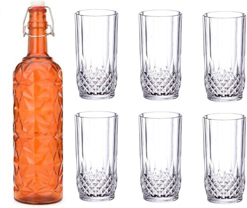 AFAST Bottle & 6 Glass Serving Lemon Set, Orange, Clear, Glass - A568 Jug Glass Set  (Glass)
