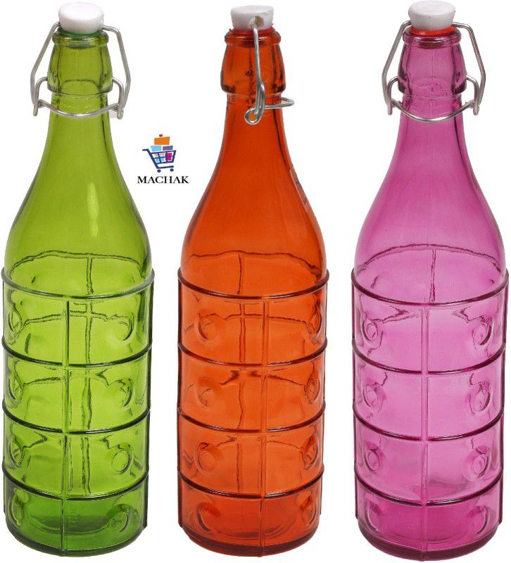 Machak Dropee Glass Bottle For Kitchen & Decoration With Cork 1 Litre 1000 ml Bottle  (Pack of 3, Multicolor, Glass)
