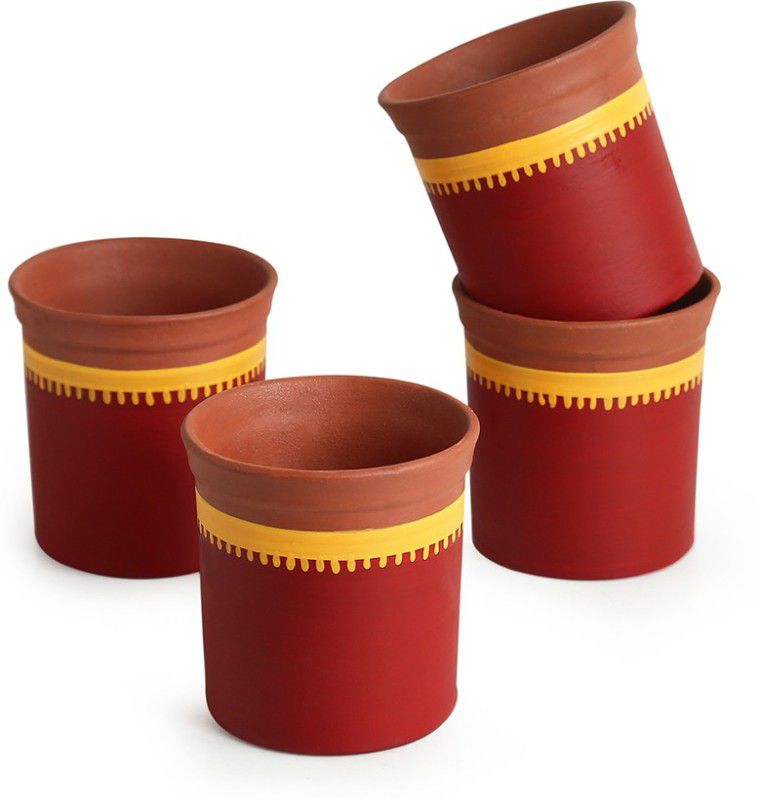 ExclusiveLane Pack of 4 Terracotta "Red Sips" Hand-painted Coffee & Tea Kullads In Earthen Terracotta (Set Of 4, Red)  (Red, Cup Set)