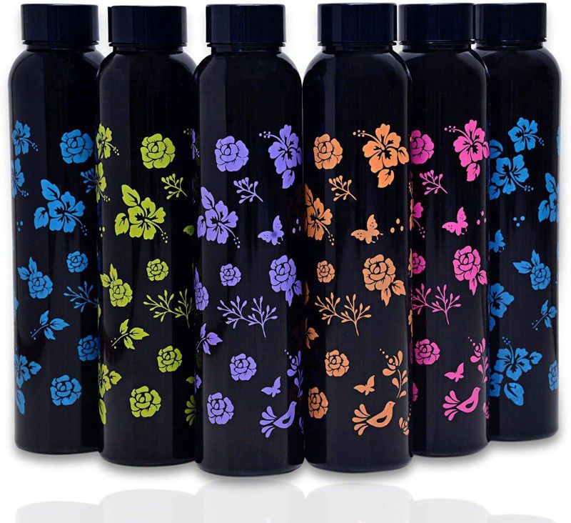 Mello Flower Printed Black Water Bottle for Fridge, for Home, Office, Gym & School Boy 6000 ml Bottle  (Pack of 6, Multicolor, Plastic)