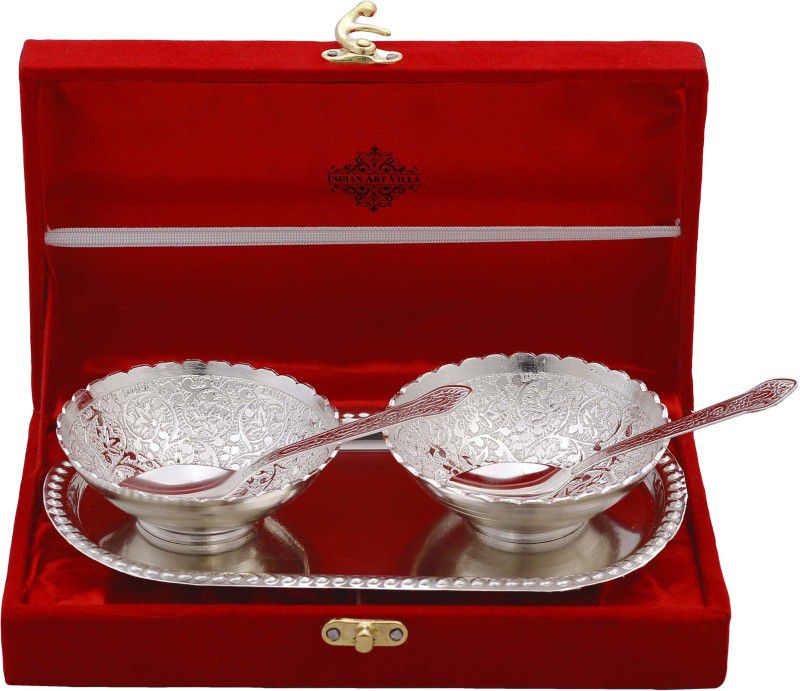 IndianArtVilla Silver Plated Decorative Embossed Bowl Set With 2 Spoons & 1 Tray Bowl Serving Set  (Pack of 1)