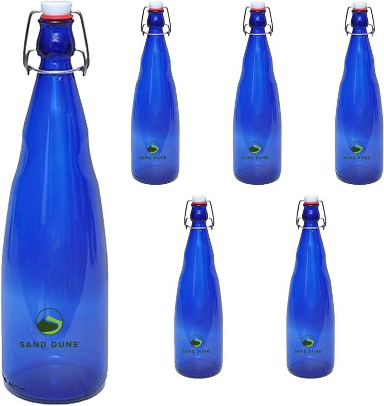 Sand Dune OPT3 clip top cap water bottle with flip top cap Leak-Proof for water, Juices 1000 ml Bottle  (Pack of 6, Blue, Glass)