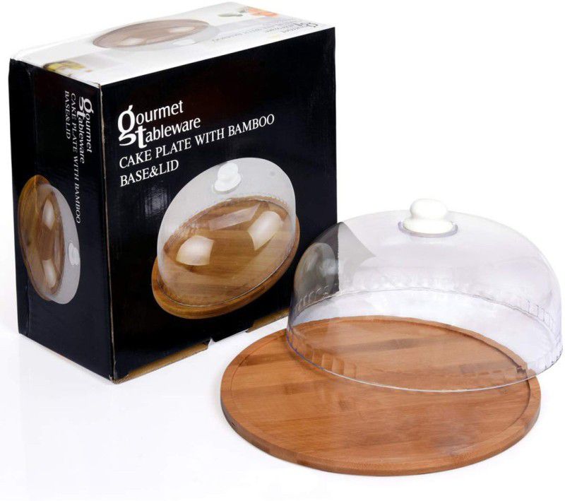 ZINZA ulti Function Portable Round Wooden Cake Stand with Acrylic Dome Wood, Glass Cake Server  (Brown, Clear, Pack of 1)
