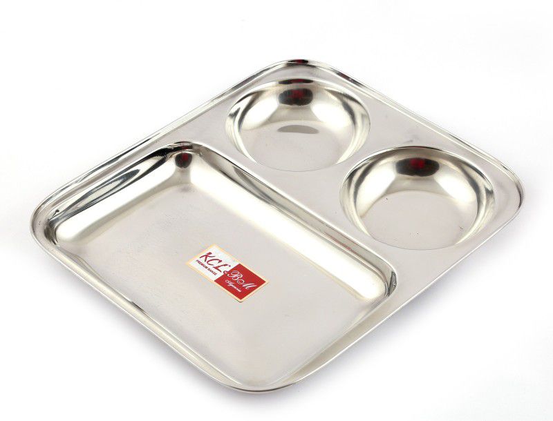 KCL Stainless Steel Extra Deep Bhojan Patra Round Compartment Plate - 3 in 1 -1 Unit - Diamater - 25 Cms Dinner Plate