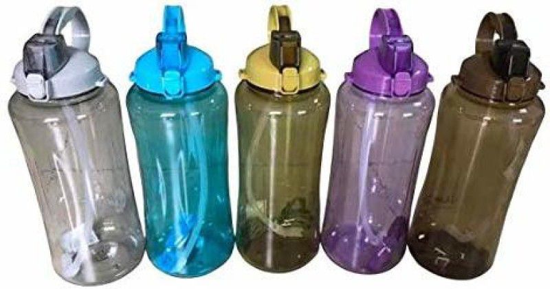 Bellveen Water Bottle Container Travel Mugs with Scale,Straw,Strap for Kids MultiColor 3000 ml Bottle  (Pack of 5, Multicolor, Plastic)