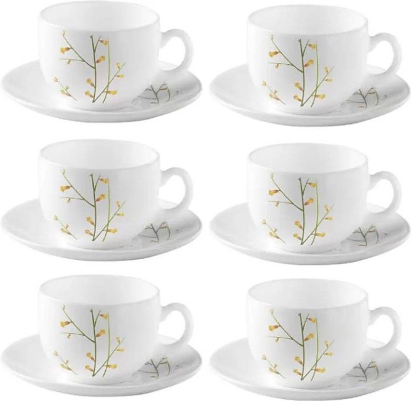 PKMSHO Pack of 12 Bone China Opalware Diva from La Opala Citron Weave Classique Collection Opalware cup saucer set (White)  (White, Cup and Saucer Set)