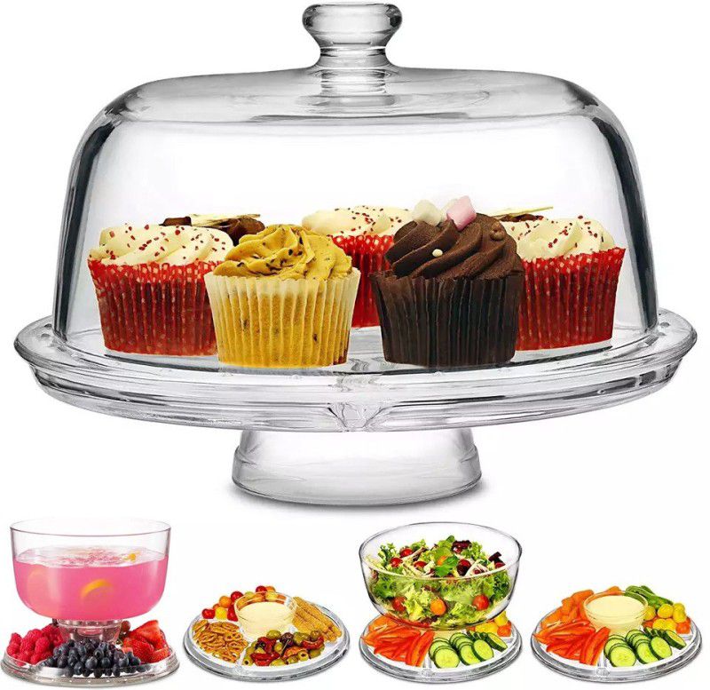 Rossella 3 In 1 Unbreakable Cake Stands With Dome Cover Serving Salad Platter And Bowl Crystal Cake Server  (Clear)