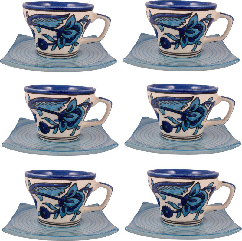 Lasaki Pack of 6 Ceramic Cup & Saucer in Ceramic - Mughal Hand Painted Cup Saucer (Set of 6)  (Blue, Cup and Saucer Set)