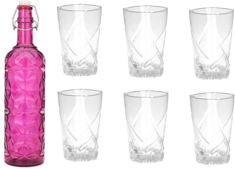 AFAST Bottle & 6 Glass Serving Lemon Set, Pink, Clear, Glass 1000 ml Bottle With Drinking Glass  (Pack of 7, Pink, Clear, Glass)