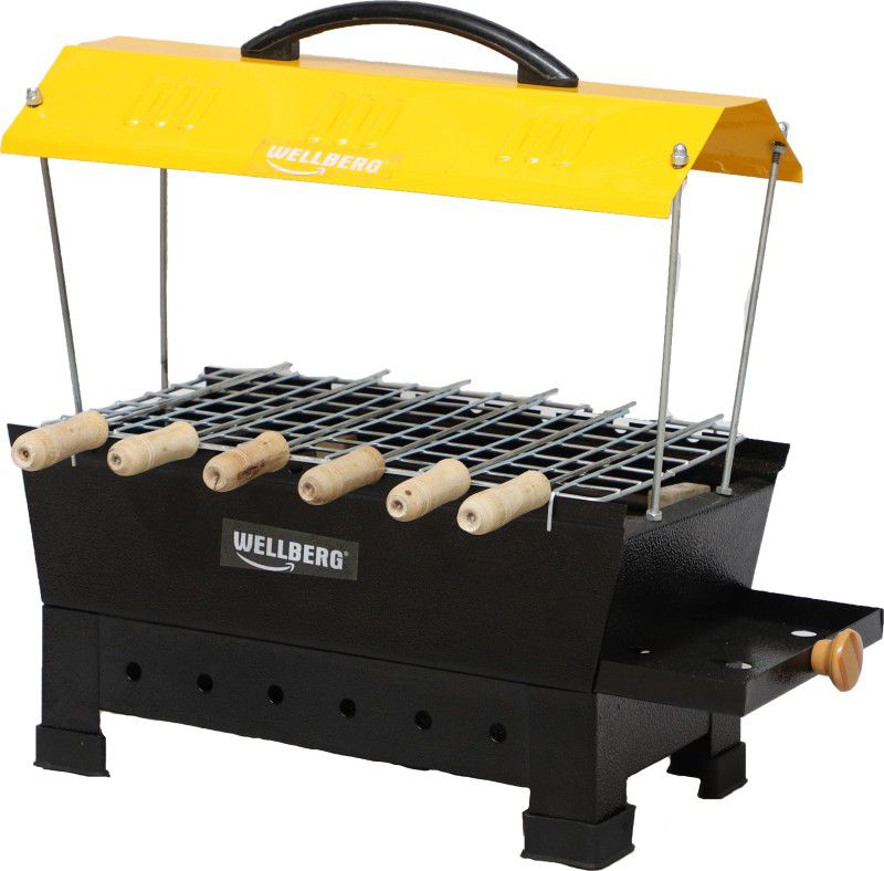 WELLBERG Camping Barbecue Grill, Tandoor, Toaster, Roaster / Fully Electric & Charcoal / Compact & Portable, Large Size, Yellow Electric Grill