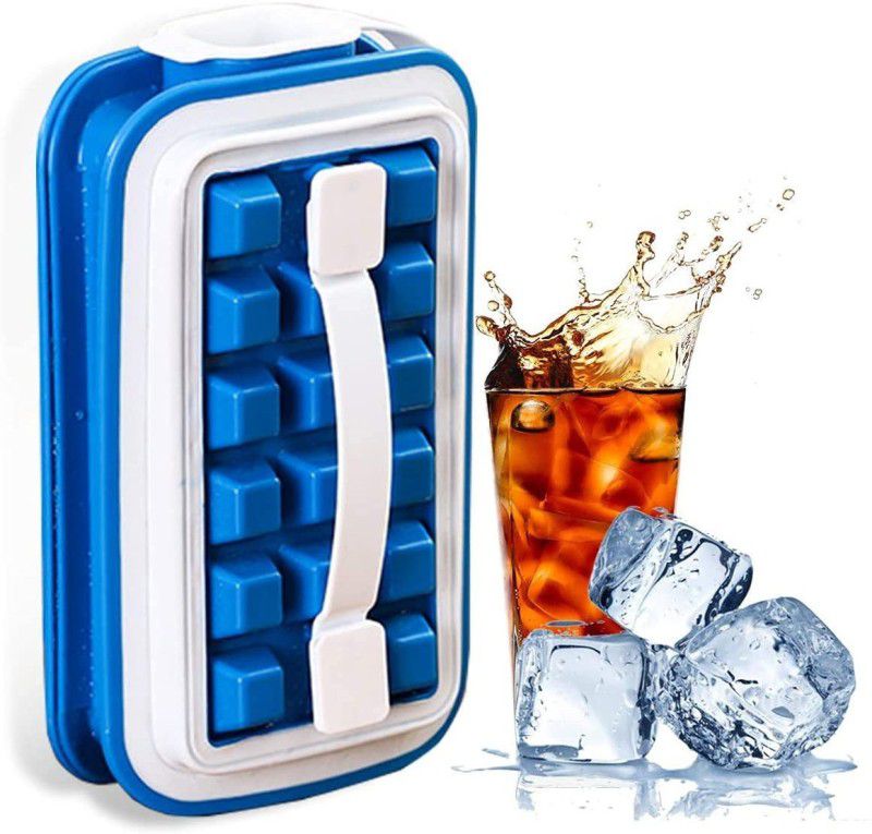 DHARA ENTERPRISE Ice Cube Tray Mold - Ice Maker with Lid - Ultra-Portable No Spill Cover, Non-BPA Blue Silicone Ice Cube Tray  (Pack of1)