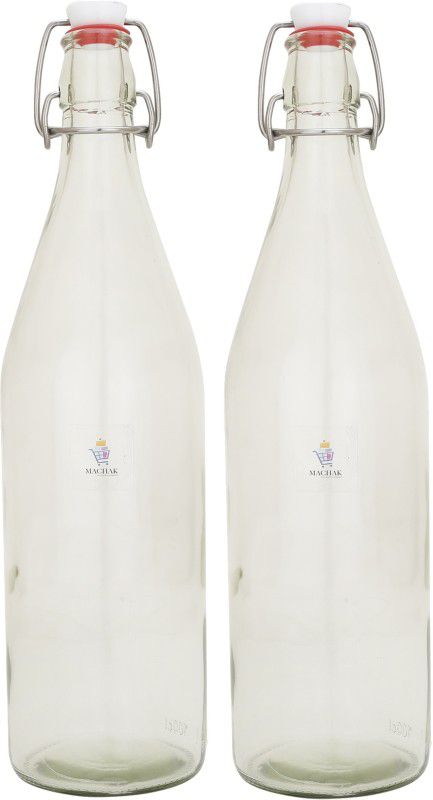 Machak Glass Water Bottle For Fridge With Flip Cap, Transparent 1000 ml Bottle  (Pack of 2, Clear, Glass)