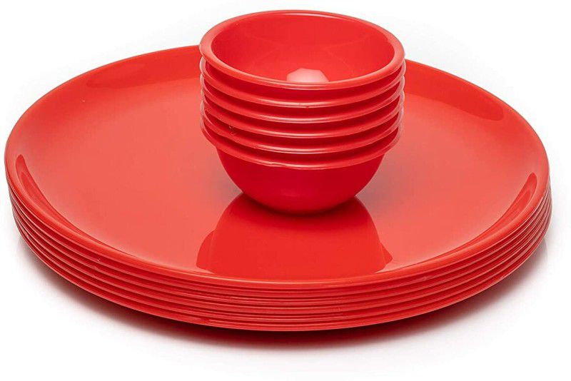 Plastic Break-Resistant, Microwave & Dishwasher-Safe; (Red) 6 Full Plate and 6 Bowls Dinner Set  (Microwave Safe)