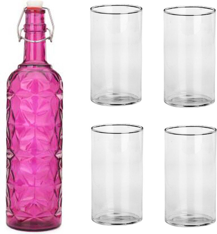 AFAST Bottle & 4 Glass Serving Lemon Set, Pink, Clear, Glass 1000 ml Bottle With Drinking Glass  (Pack of 5, Pink, Clear, Glass)