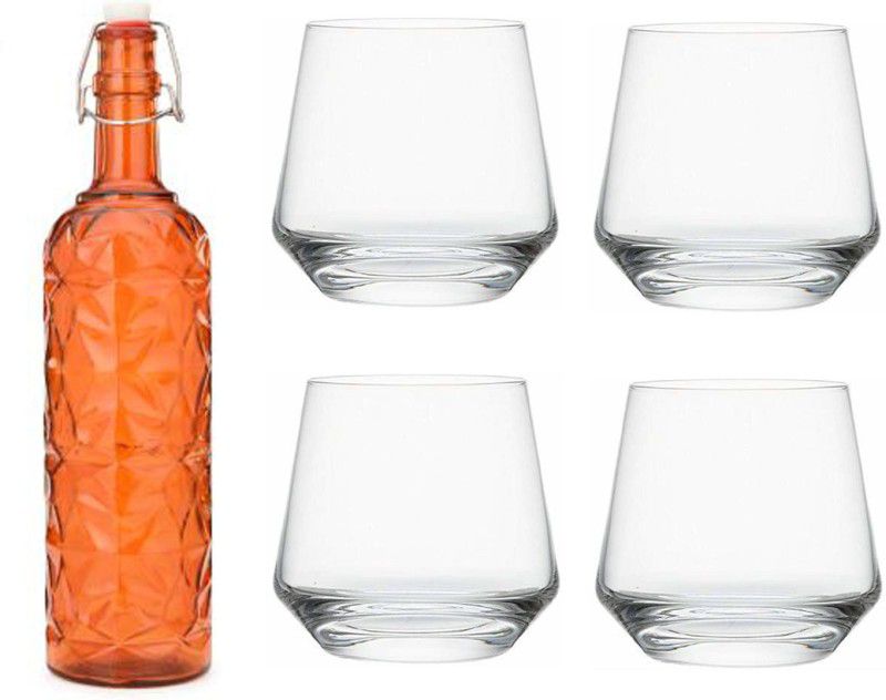 AFAST Bottle & 4 Glass Serving Lemon Set, Orange, Clear, Glass 1000 ml Bottle With Drinking Glass  (Pack of 5, Orange, Clear, Glass)