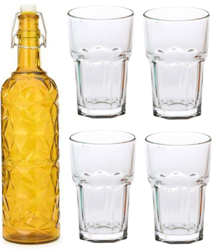 AFAST Bottle & 4 Glass Serving Lemon Set, Yellow, Clear, Glass 1000 ml Bottle With Drinking Glass  (Pack of 5, Yellow, Clear, Glass)