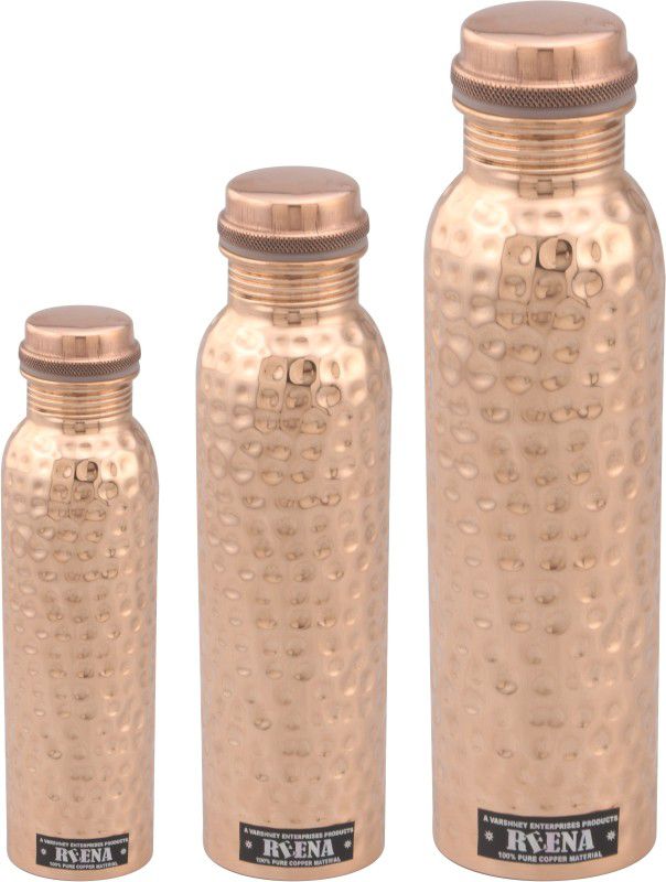 REENA 100% natural Copper Water Bottle Hammered joint free & leak proof set of 3 Pcs. (500 ML, 700 ML & 900 ML 2100 ml Bottle  (Pack of 3, Brown, Copper)