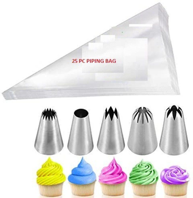 kyamison combo set of nozzles with 25 piping bags Stainless Steel Quick Flower Icing Nozzle  (Steel Pack of 30)