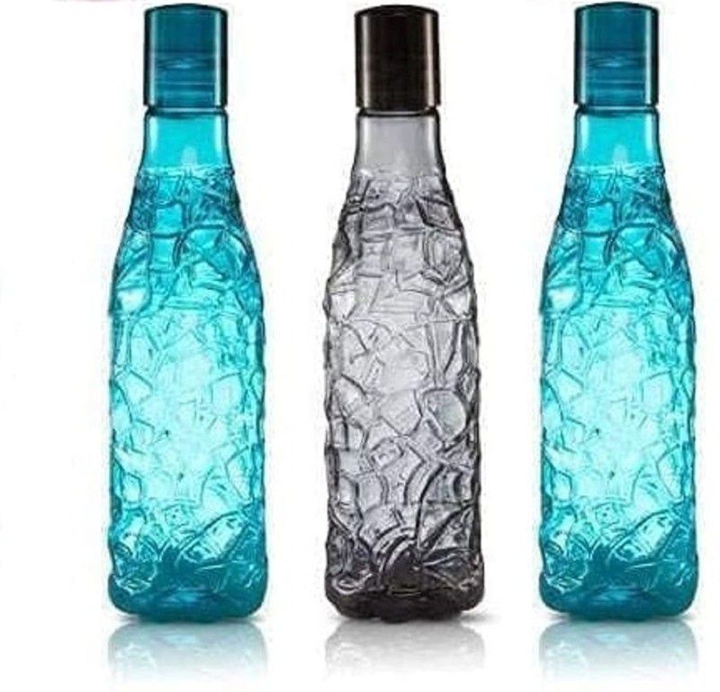 N H Enterprise Premium Quality Crystal Fridge Water Bottle Set ( 2 Blue & 1 Black ) 1000 ml Bottle  (Pack of 3, Grey, Green, Plastic)