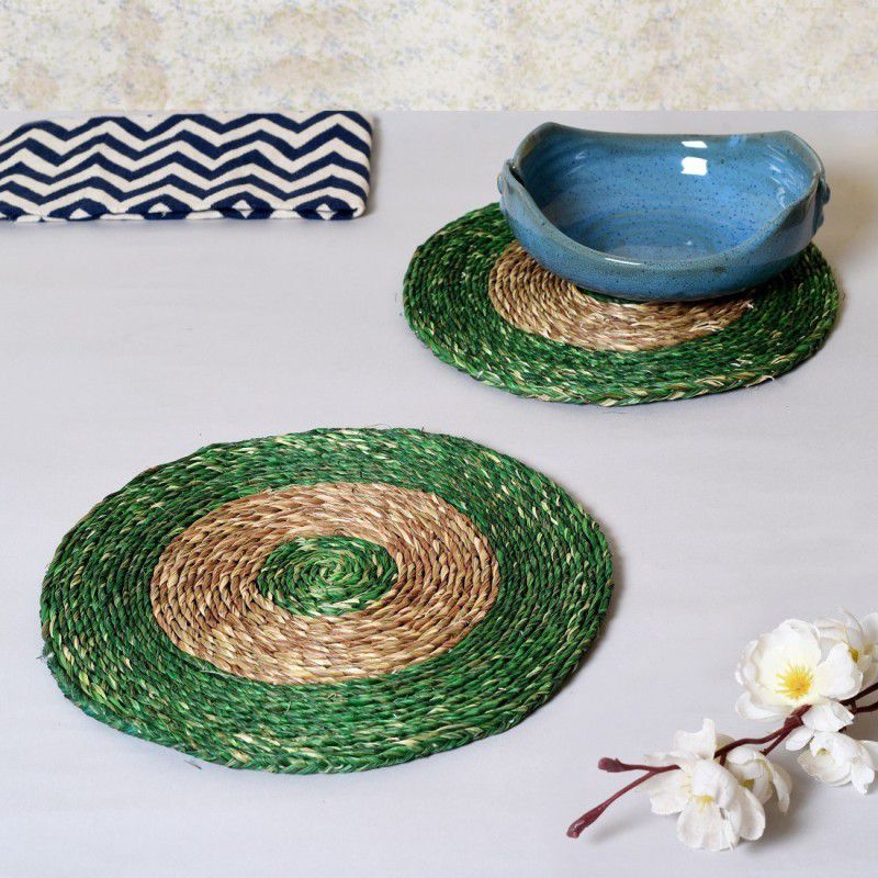 Unravel India Sabai grass circular green & brown dish coaster set Sabai Grass Work Trivet  (Pack of 2)