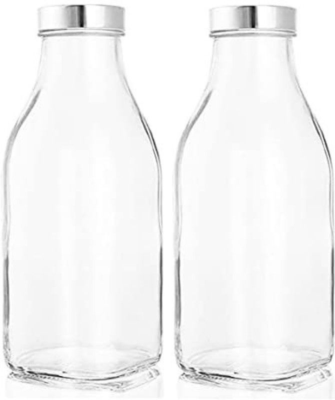Machak Square Glass Bottle for Water Milk with Air Tight Steel Cap 1000 ml Bottle  (Pack of 2, Clear, Glass)