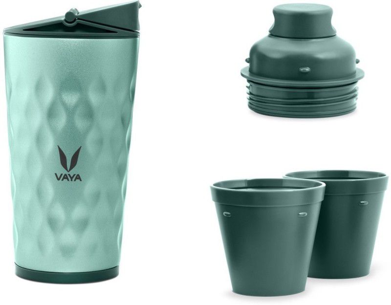 Vaya Drynk Green Thermosteel Water Bottle with Sipper & Gulper Lids and 2 Cups - 600 ml Bottle  (Pack of 1, Green, Steel)