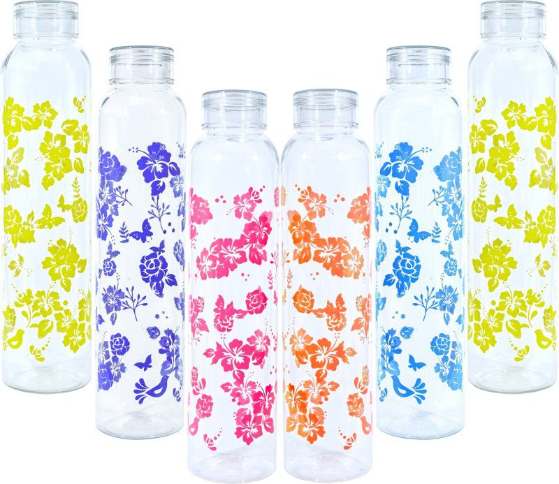AneriDEALS Flower Printed Black Water Bottle for Fridge, for Home, Office, Gym & School Boy 1000 ml Bottle  (Pack of 6, Multicolor, Clear, Plastic)