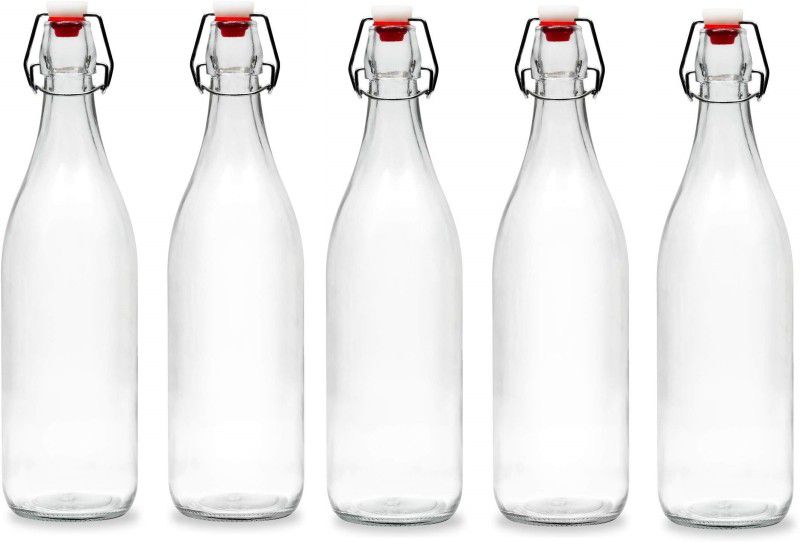Massive Reckon Clear Glass Flip Top Bottle with Stopper, for Beverages, Smoothies, Kefir, Beer, Soda, Juicing, Kombucha, Water, Milk, Oil and Vinegar 1000 ml 5 pcs Glass Bottle Stopper  (Clear)